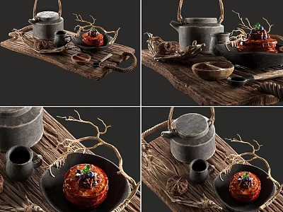 Traditional Braised Meatball Dish Served with Teapot on Wooden Tray and Decorative Branches 3d model