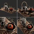 Traditional Braised Meatball Dish Served with Teapot on Wooden Tray and Decorative Branches