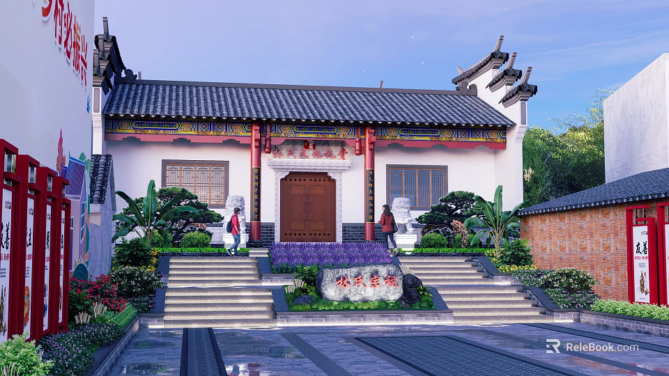 Ancient Chinese Architecture Featuring Black Tiled Roof Red Wooden Door Stone Lions And Green Plants 3d model 