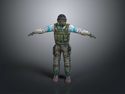 3D Character And Creature Model In Tactical Helmet Vest Camouflage Uniform Arms Outstretched 3d model