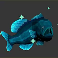 Blue Fish 3D Model With Green Stars On Dark Background And Reflective Surface