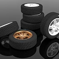 Stacked Tires And Tires With Rims Display On Reflective Surface 3d model