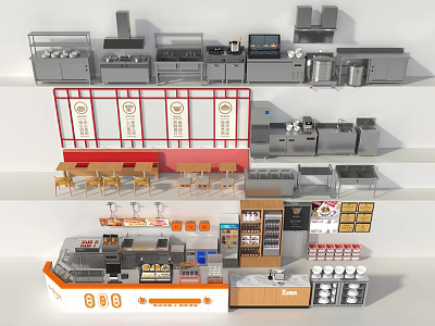 Commercial Catering Kitchen Setup With Cooking Equipment Display Racks And Dining Tables 3d model