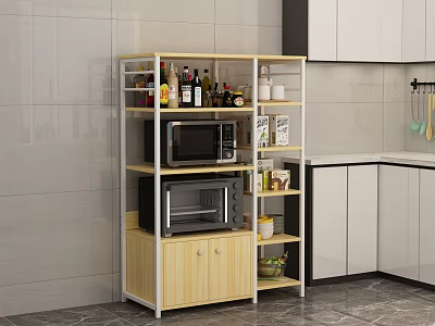 Modern Kitchen Storage Shelf with Microwave Oven and Cabinets for Organizing Bottles and Supplies 3d model