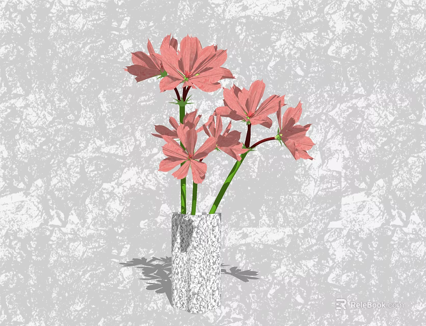 Pink Blooming Flowers In Textured White Vase On Gray Textured Background 3d model 