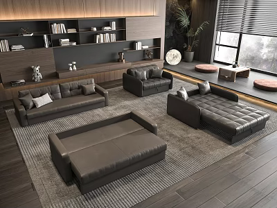 Modern Dark Leather Sofa Bed Contemporary Living Room With Open Bookshelf Large Window And Rug 3d model