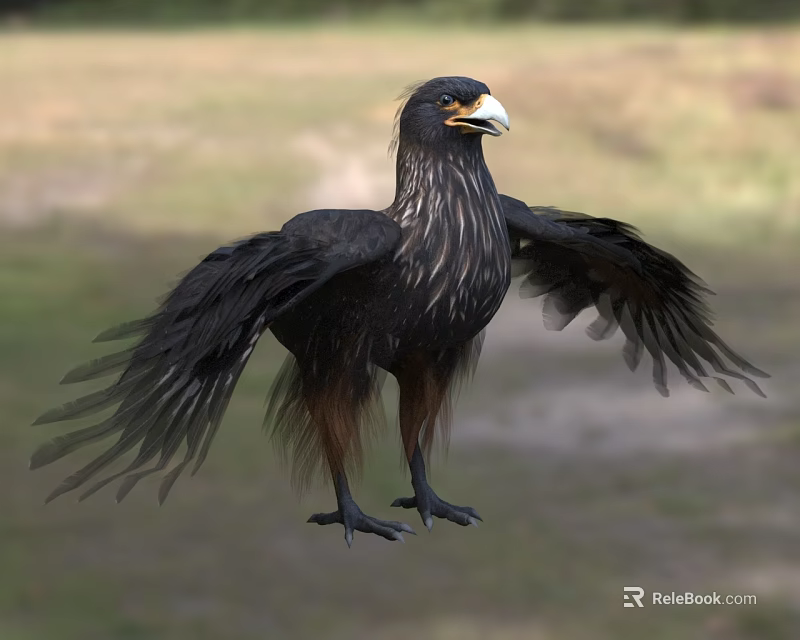 Black Bird With Yellow Beak And Spread Wings Standing On Grassy Ground 3d model 