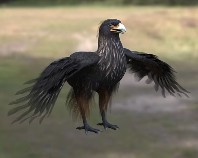 Black Bird With Yellow Beak And Spread Wings Standing On Grassy Ground 3d model Black Bird With Yellow Beak And Spread Wings Standing On Grassy Ground 3d model