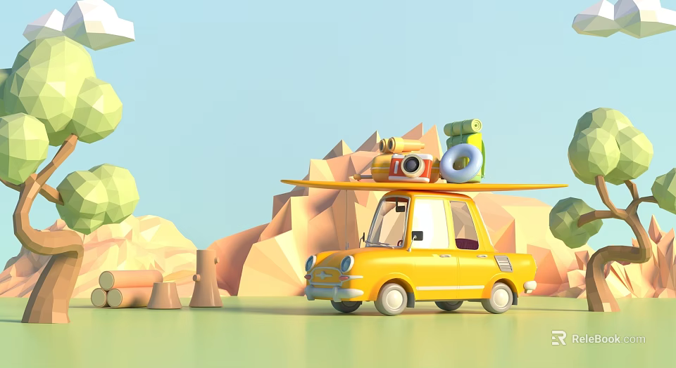 Yellow Car Rooftop Carrying Camping Gear for Outdoor Travel Adventure With Scenic Mountain Background 3d model 