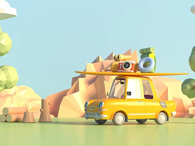 Yellow Car Rooftop Carrying Camping Gear for Outdoor Travel Adventure With Scenic Mountain Background 3d model