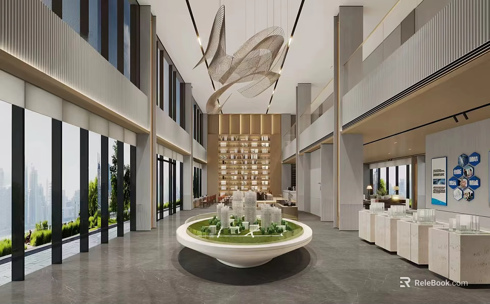 Modern Luxury Sales Office Interior With Real Estate Sand Table And Large Floor Windows 3d model 