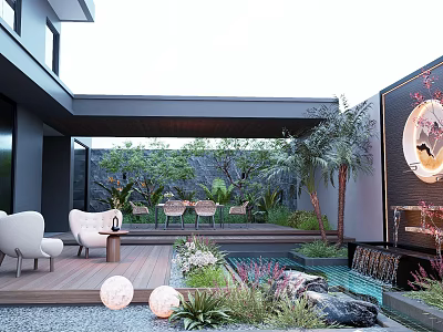 Serene Courtyard Garden Featuring Wooden Deck White Chairs Round Lanterns Pool Waterfall And Green Plants 3d model