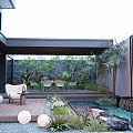 Serene Courtyard Garden Featuring Wooden Deck White Chairs Round Lanterns Pool Waterfall And Green Plants