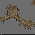 Wooden Road Structure With Thatched Roof And Elevated Boardwalk Platform