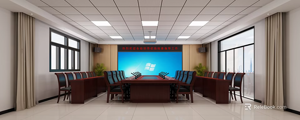 Professional Conference Room Interior With Long Wooden Table Large Screen And Comfortable Chairs 3d model
