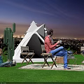 White Cone Shaped Tent With String Lights For Family Camping On Grass At Night