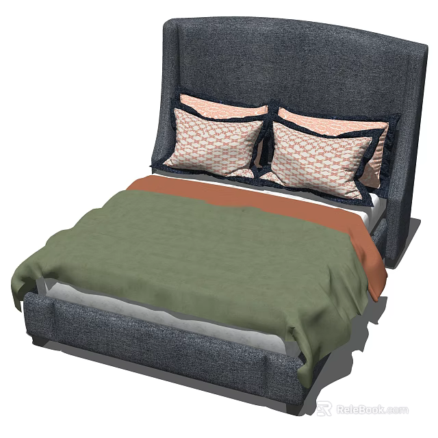 Modern Double Bed With Upholstered Headboard Green Orange Bedspread And Patterned Pillows 3d model