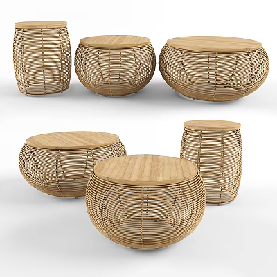 Rattan Coffee Tables with Wooden Tops and Woven Details Natural Modern Design for Living Room 3d model