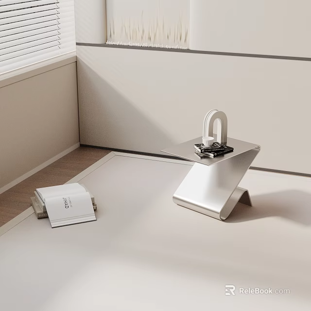 Sleek Modern Bedside Table With Silver Metal Frame White Tabletop And Decorative Lamp 3d model