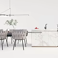Modern Dining Table Set With Woven Chairs Pendant Light Green Plant And Marble Countertop