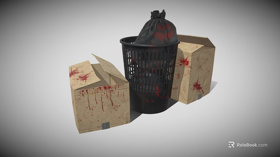 Black Trash Can With Plastic Bag And Cardboard Boxes With Blood Stains 3d model 