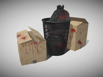 Black Trash Can With Plastic Bag And Cardboard Boxes With Blood Stains 3d model