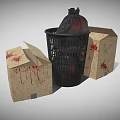 Black Trash Can With Plastic Bag And Cardboard Boxes With Blood Stains