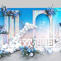 Elegant Blue And White Photo Check-in Spot With Flower Arrangements Balloon Chain And Archway