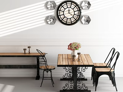 Dining Table Set With Wooden Top Metal Legs Black Chairs Flower Bouquet And Wall Clock 3d model