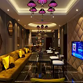 Modern KTV Lounge with Yellow Sofas Diamond Tufted Walls Pink Chandeliers and TV