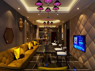 Modern KTV Lounge with Yellow Sofas Diamond Tufted Walls Pink Chandeliers and TV 3d model