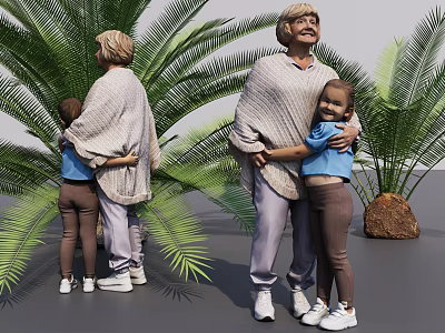 Two People Hugging In Warm Embrace With Palm Trees Blue Shirts Brown Pants 3d model