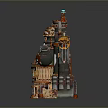 Steampunk Themed Mechanical Equipment With Towers Pipes Gears And Glowing Elements