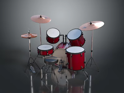 Professional Red Drum Set With Multiple Drums Cymbals And Stands For Music Performance 3d model