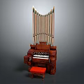 Antique Wooden Pipe Organ With Tall Pipes Keyboard And Red Stool
