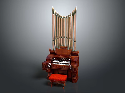 Antique Wooden Pipe Organ With Tall Pipes Keyboard And Red Stool 3d model