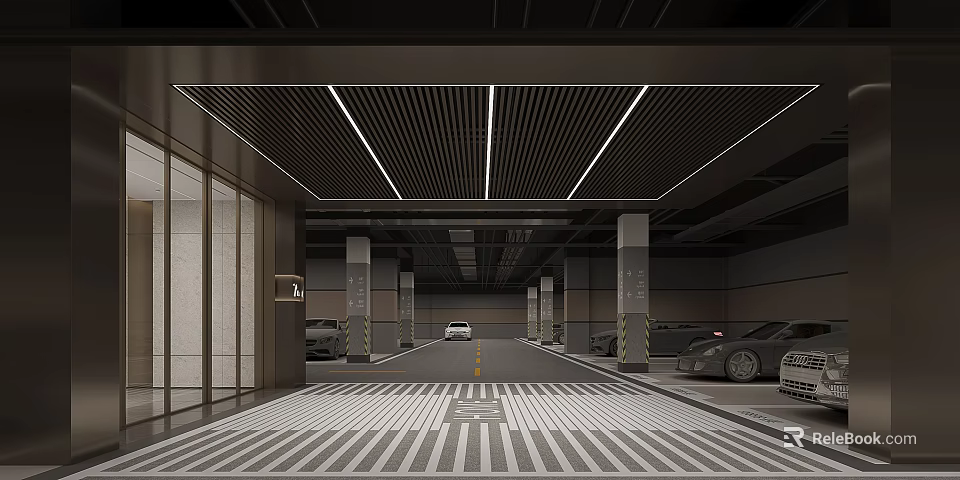 Modern Underground Parking Garage With Linear Ceiling Lights Marked Lines And Parked Cars 3d model 