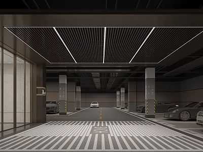 Modern Underground Parking Garage With Linear Ceiling Lights Marked Lines And Parked Cars 3d model