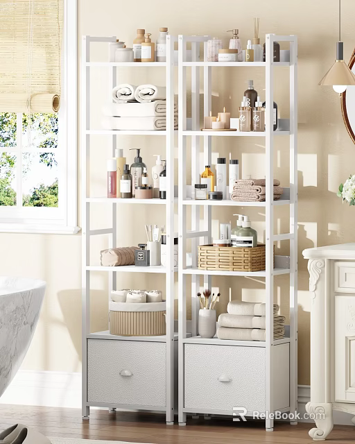 White Bathroom Shelving Unit With Towels Toiletries And Storage Baskets 3d model 