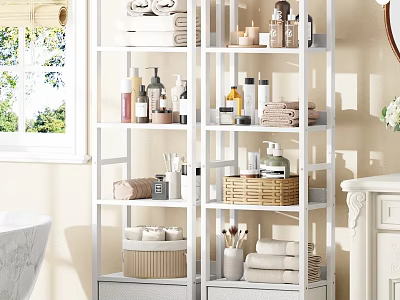 White Bathroom Shelving Unit With Towels Toiletries And Storage Baskets 3d model