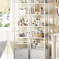 White Bathroom Shelving Unit With Towels Toiletries And Storage Baskets