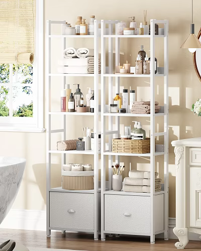 White Bathroom Shelving Unit With Towels Toiletries And Storage Baskets 3d model