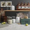 Elegant Kitchen Glass Jars Rice Salt Lemons and Decorative Plates on Wooden Shelf