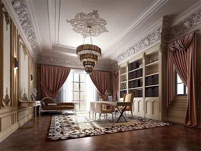 Elegant Study Room with Intricate Ceiling Moldings Crystal Chandelier Pink Curtains and Built in Bookshelves 3d model