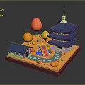 Traditional Asian Pagoda Building With Blue Roof And Orange Trees Around Red Bridge And Pond