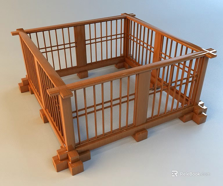 Square Wooden Fence Structure With Railing Design And Support Posts 3d model 