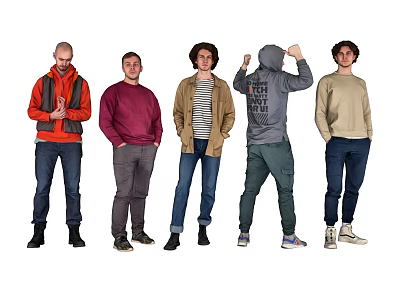 Group of Men Standing in Various Casual Outfits and Different Poses 3d model