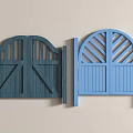 Dark Green and Blue Double Doors with Carved Patterns on Light Colored Wall 3d model