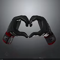Gray Textured Gloves With Red Wrist Accents Making Heart Shape Gesture On Reflective Surface