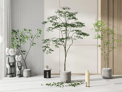 Modern Interior Featuring Various Bonsai Potted Plants With Concrete Pots And Scattered Leaves 3d model